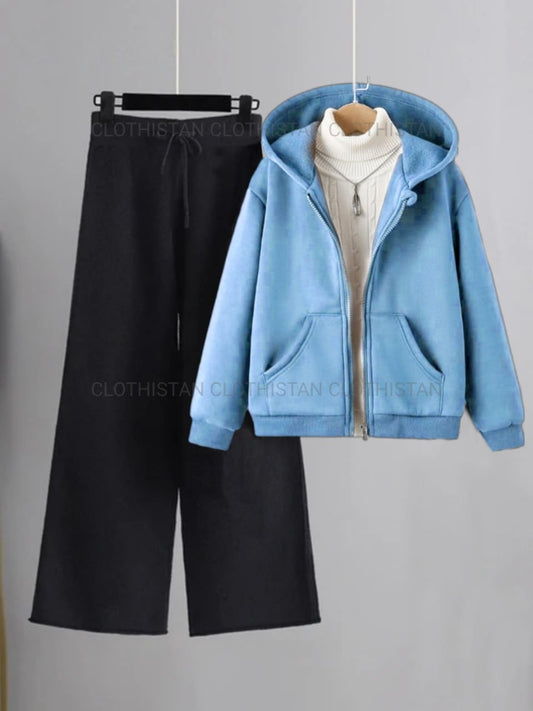 Sky Blue Zipper with White High Neck & Black Flapper Trouser