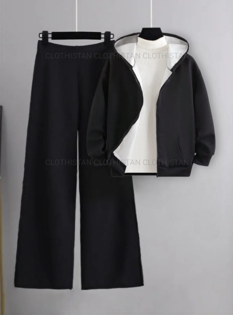 Black Zipper with White High Neck & Black Flapper Trouser