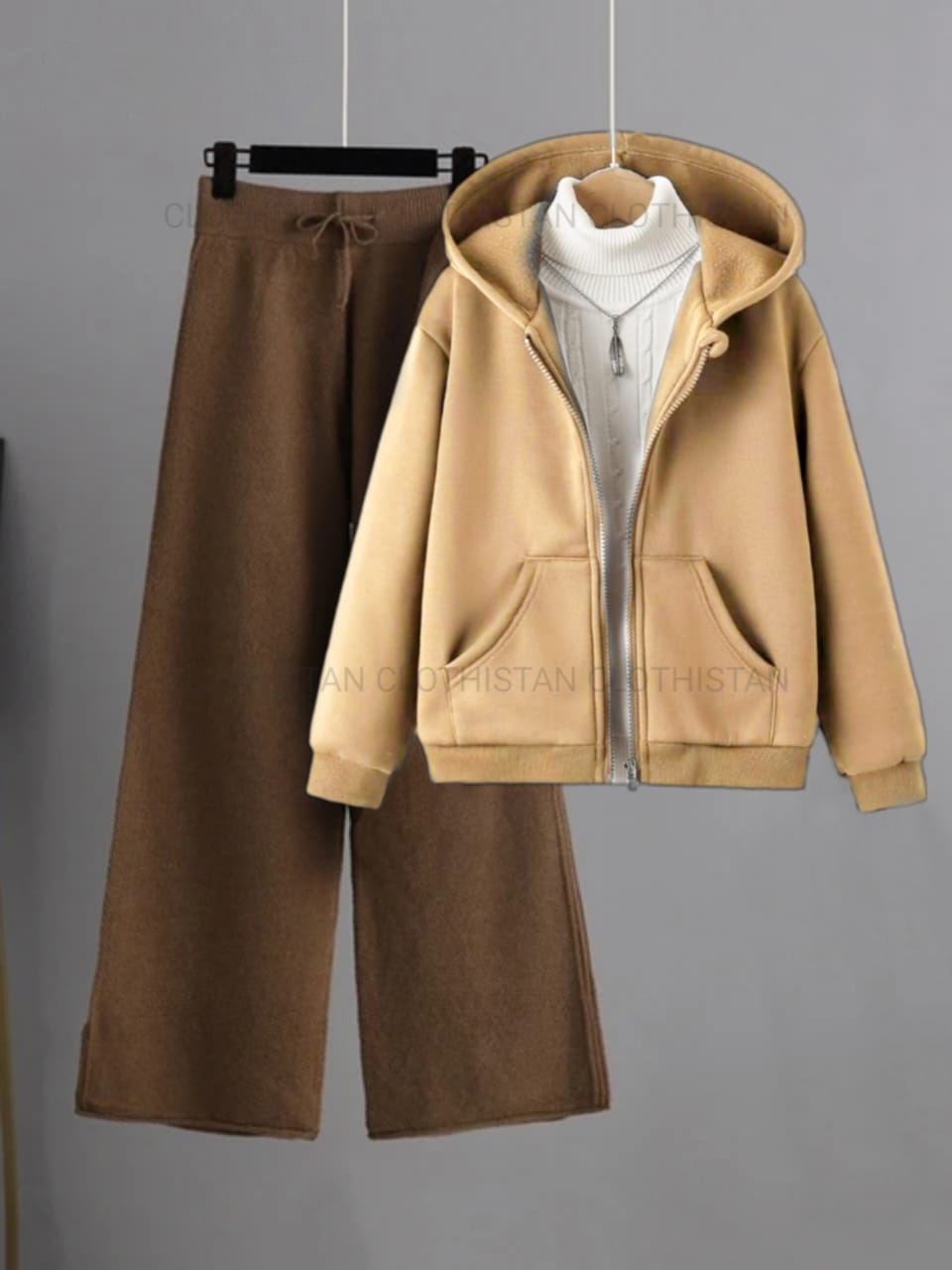 Beige Zipper with White High Neck & Brown Flapper Trouser