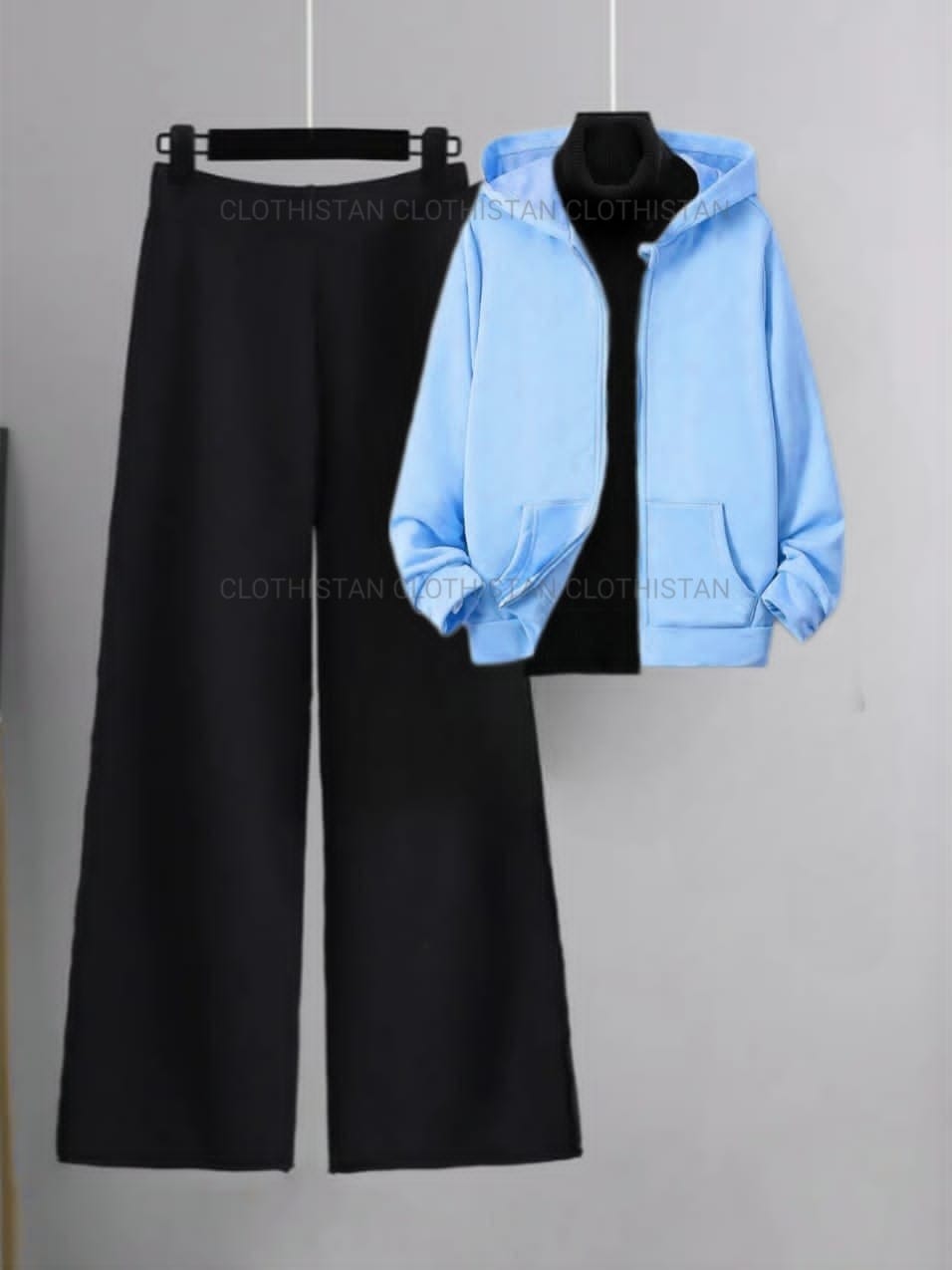 Sky Blue Zipper with Black High Neck & Black Flapper Trouser