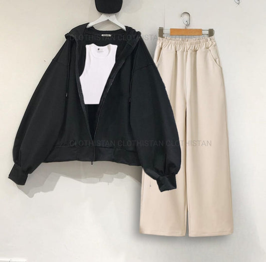 Black Zipper with White Tank Top & Beige Flapper Trouser