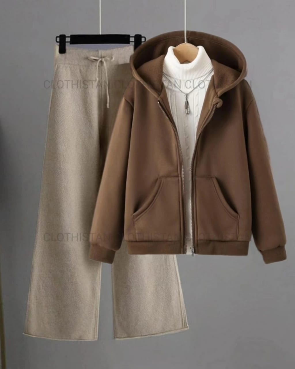 Brown Zipper with White High Neck & Beige Flapper Trouser