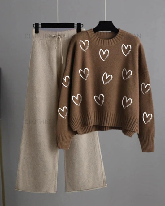 Coffee brown sweatshirt unfilled heart all over with Beige flapper