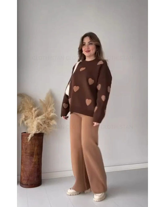 Dark Brown sweatshirt Beige filled heart all over with Coffee Brown flapper