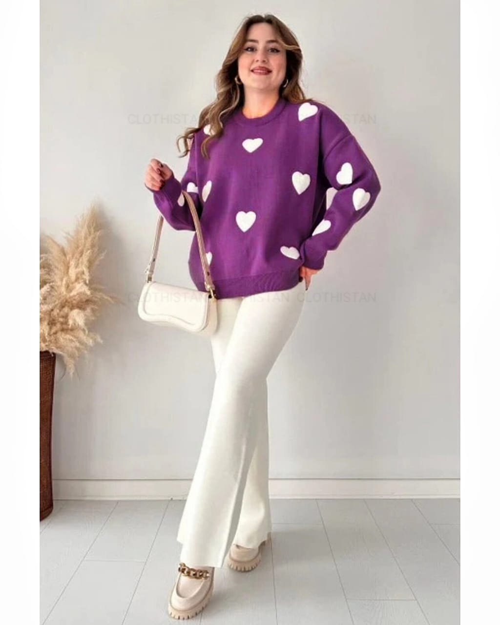 Purple sweatshirt white filled heart all over with White flapper